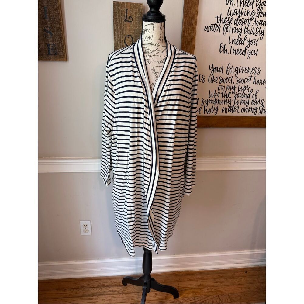 Lands' End Women's Striped Open Front Longline Cardigan Navy Blue White Size 3X